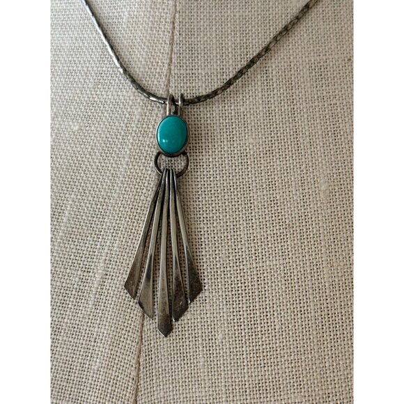 Vintage 60's Native American Navajo Sterling Blue Turquoise Dangle Pendant Neckl - Picture 8 of 14